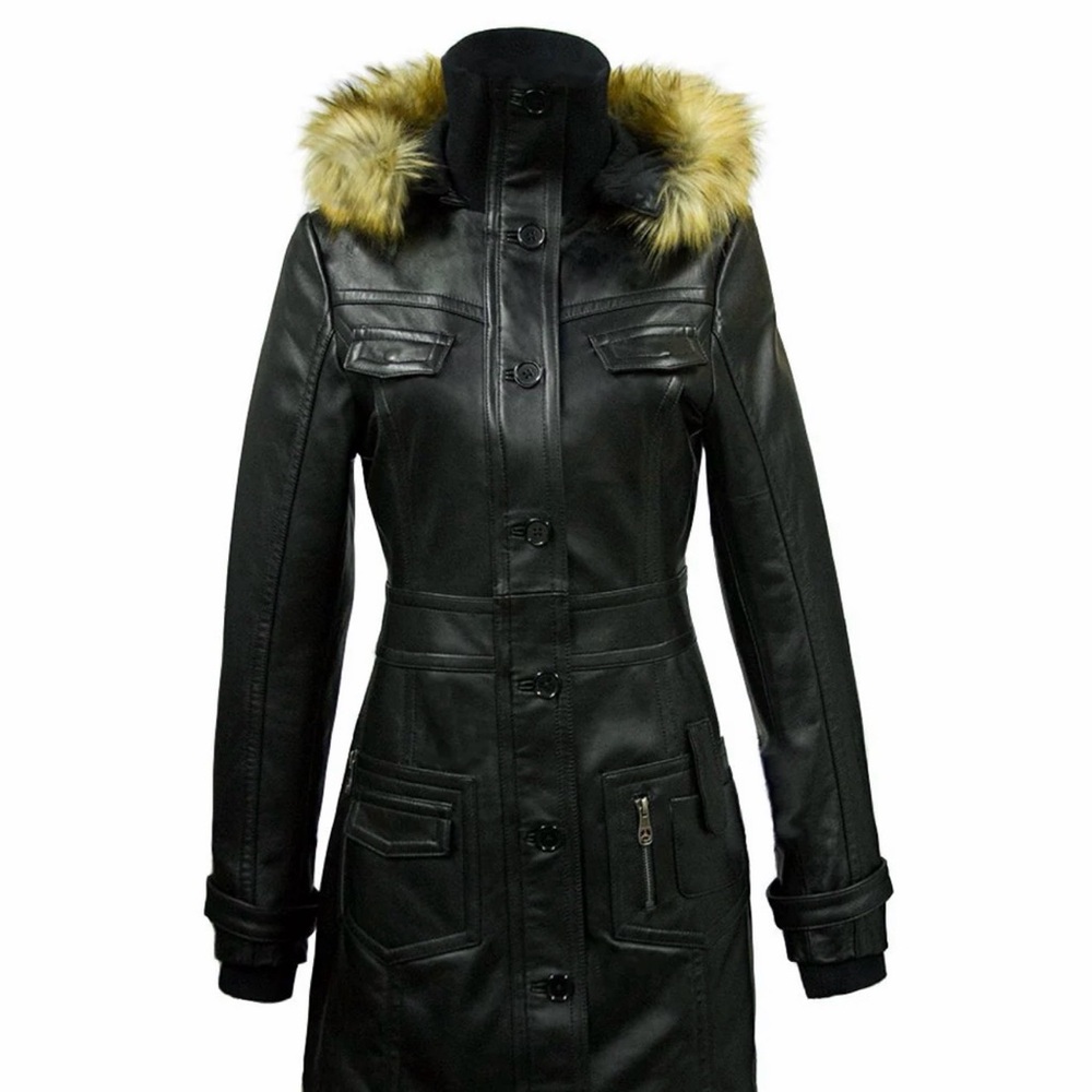 Top Gun Women’s Black Leather Long Coat Jacket Fur Hood S Genuine Leather - Picture 10 of 14